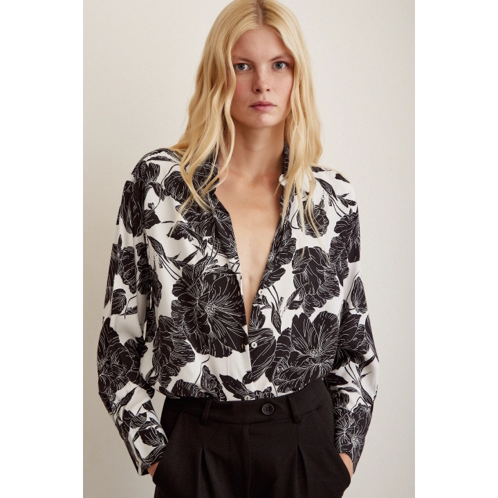 Desenli Viskon Gömlek Siyah