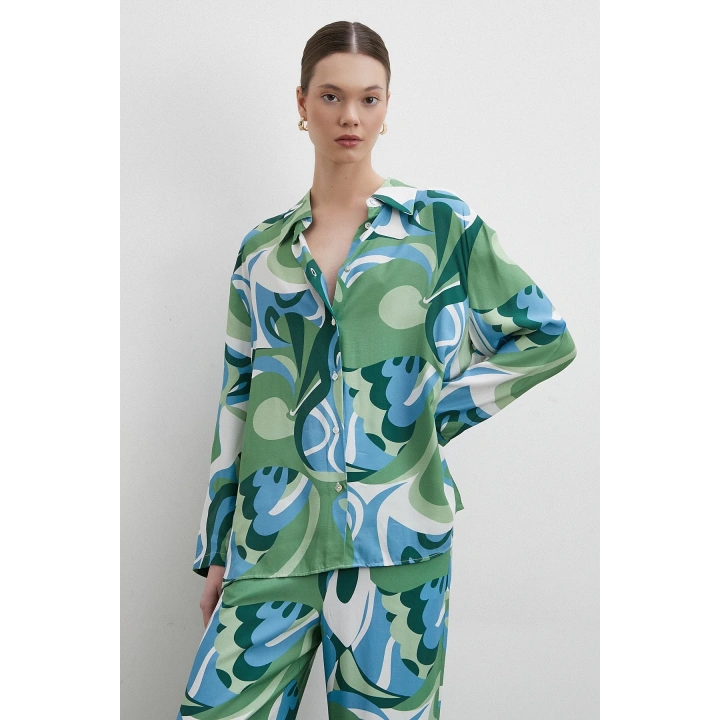 Desenli Viskon Gömlek Yeşil