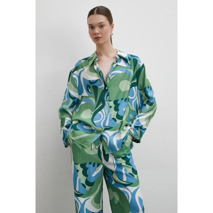 Desenli Viskon Gömlek Yeşil