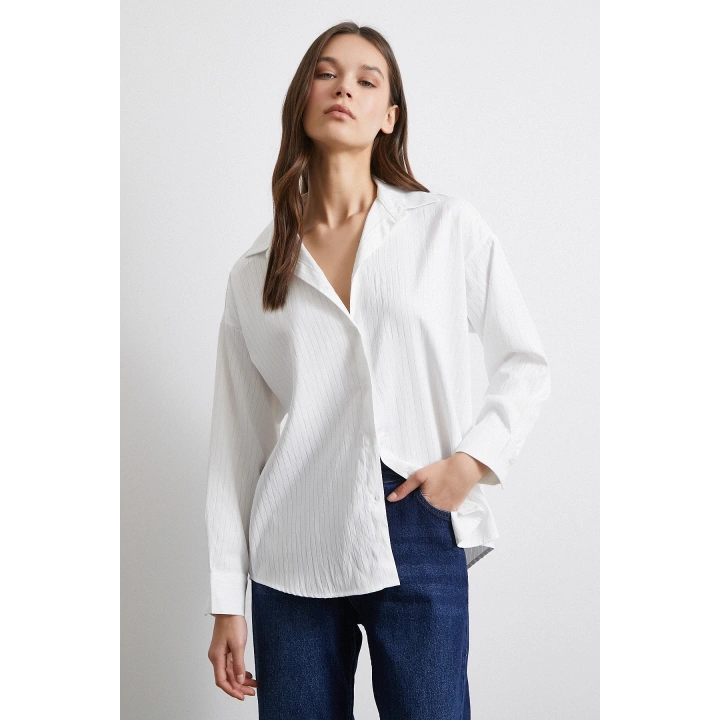 Diagonal Desen Gömlek Beyaz