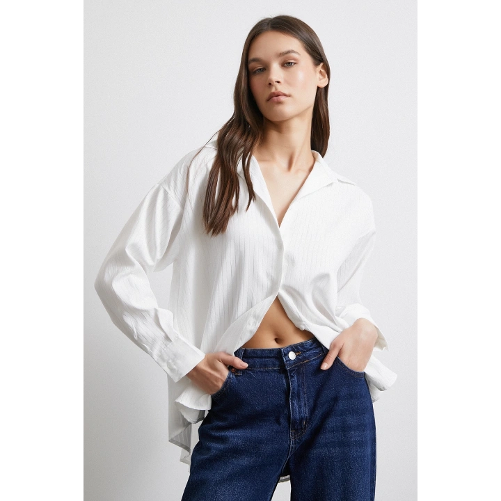 Diagonal Desen Gömlek Beyaz