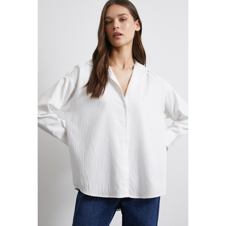 Diagonal Desen Gömlek Beyaz