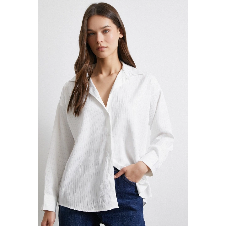 Diagonal Desen Gömlek Beyaz