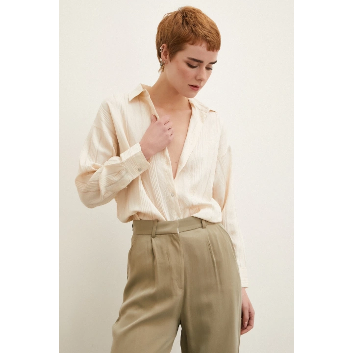 Dokulu Çizgili Gömlek Bej