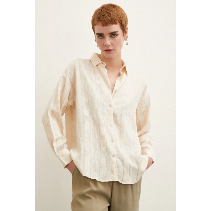 Dokulu Çizgili Gömlek Bej