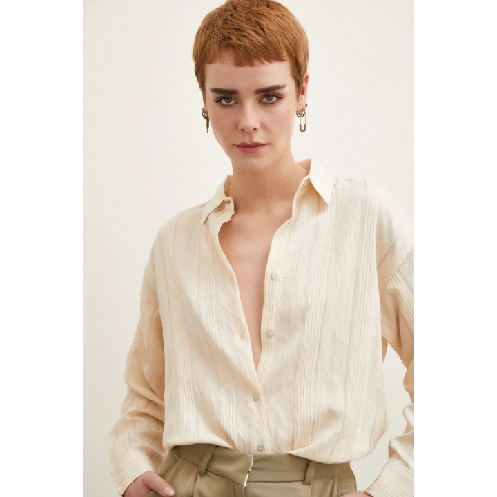 Dokulu Çizgili Gömlek Bej