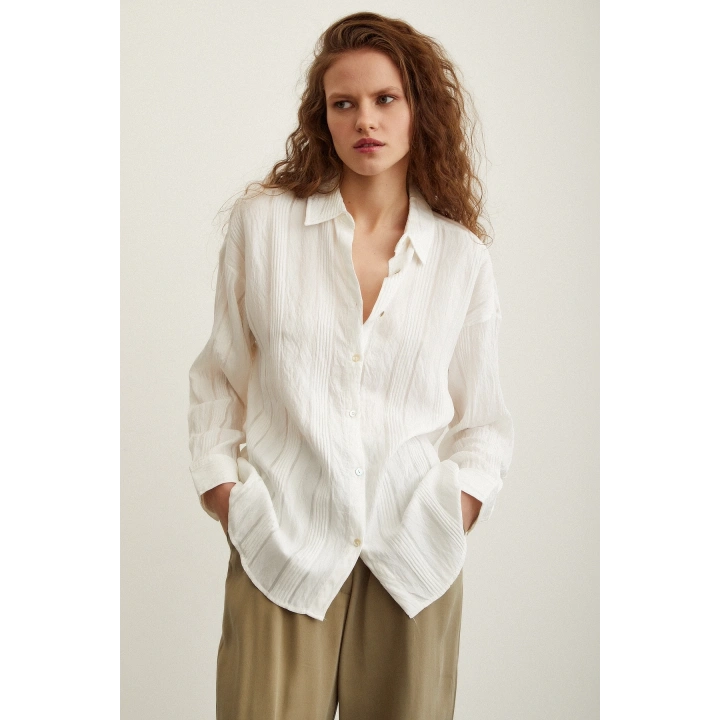 Dokulu Çizgili Gömlek Beyaz