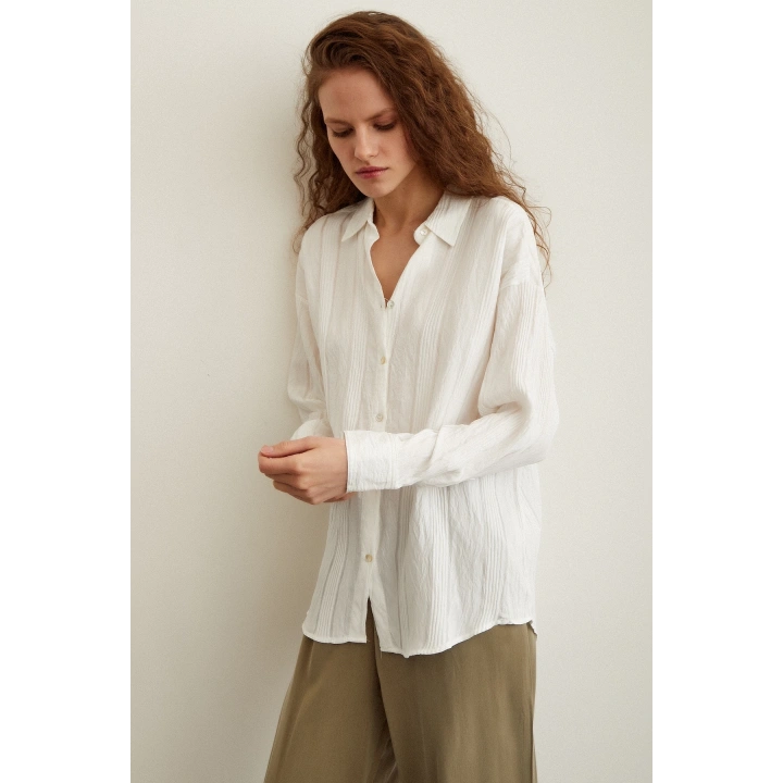 Dokulu Çizgili Gömlek Beyaz