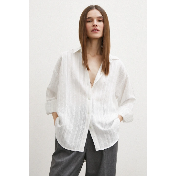 Dokulu Çizgili Gömlek Krem