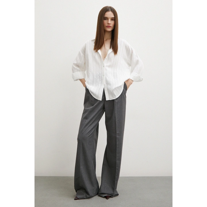 Dokulu Çizgili Gömlek Krem