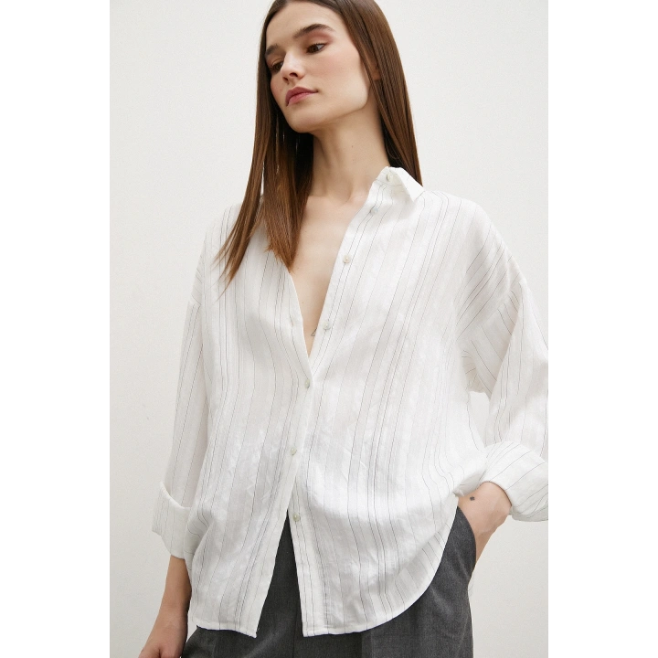 Dokulu Çizgili Gömlek Krem