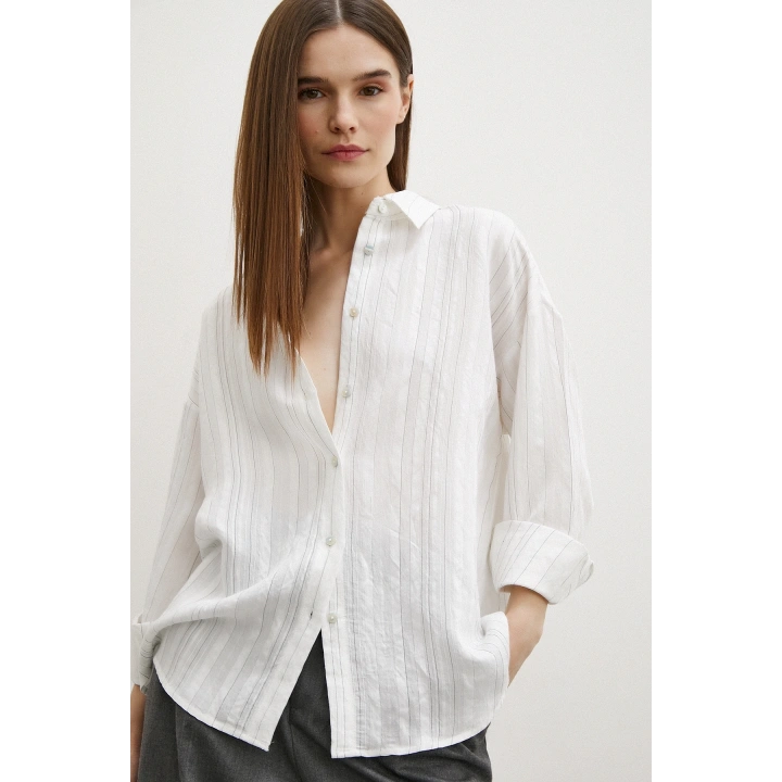 Dokulu Çizgili Gömlek Krem