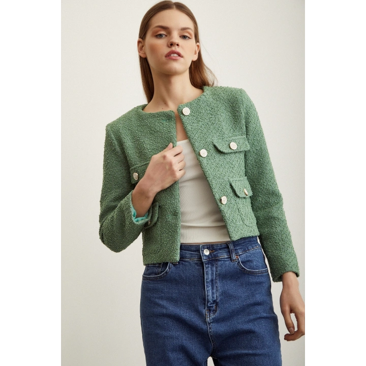 Düğme Detaylı Tüvit Ceket Yeşil