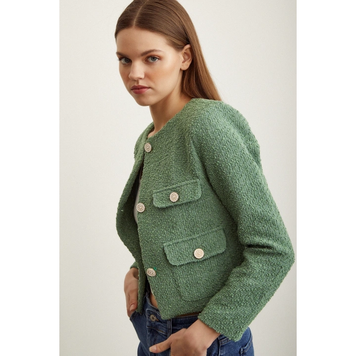 Düğme Detaylı Tüvit Ceket Yeşil