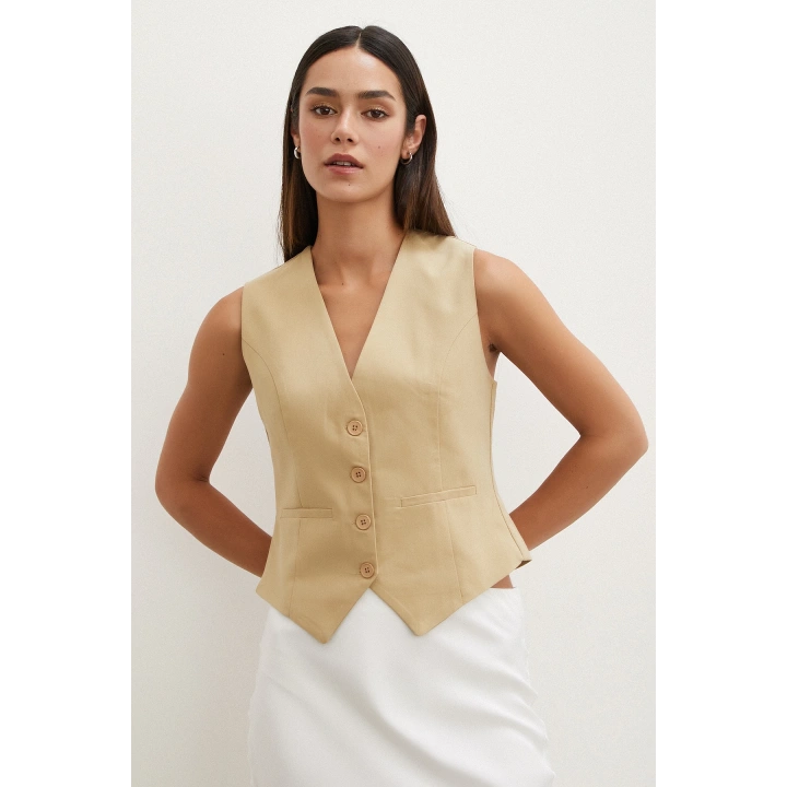Düğmeli Keten Yelek Camel