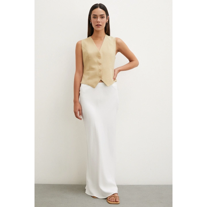 Düğmeli Keten Yelek Camel