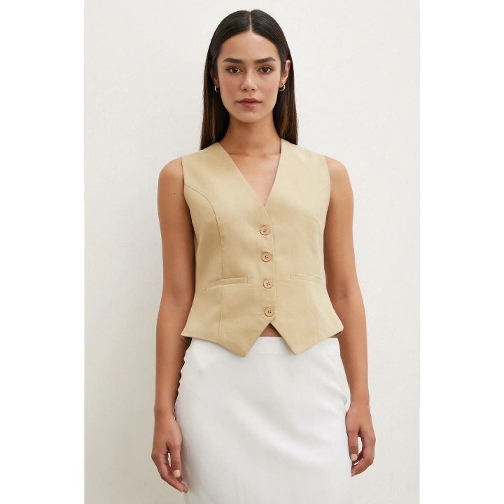 Düğmeli Keten Yelek Camel