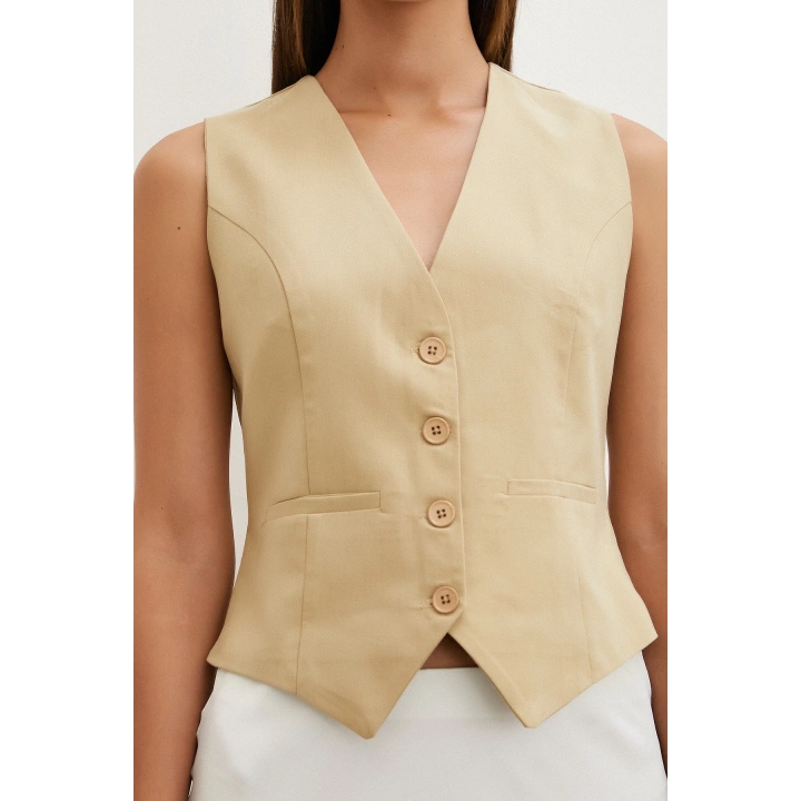 Düğmeli Keten Yelek Camel