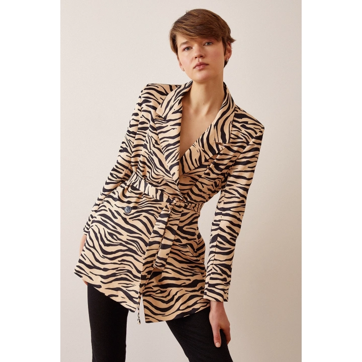 Düğmeli Kuşaklı Blazer Ceket Leopar