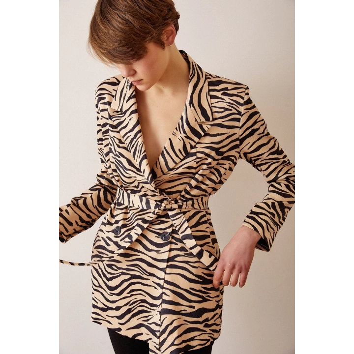 Düğmeli Kuşaklı Blazer Ceket Leopar