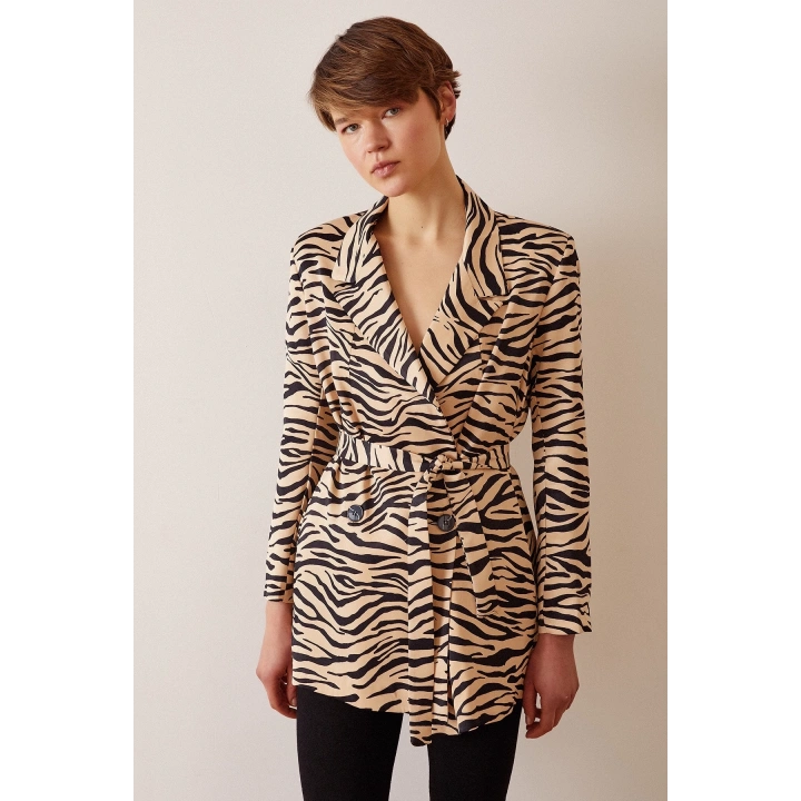 Düğmeli Kuşaklı Blazer Ceket Leopar