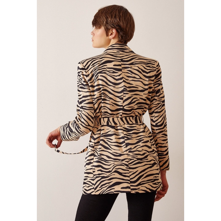Düğmeli Kuşaklı Blazer Ceket Leopar