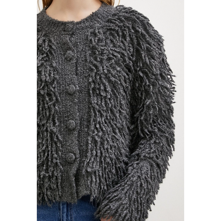 Düğmeli Saçaklı Hırka Antirasit