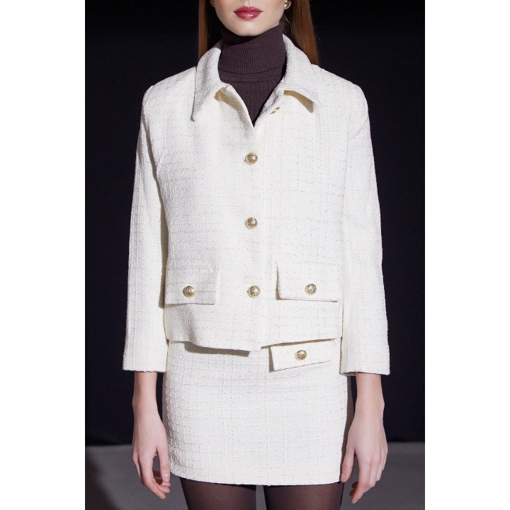 Düğmeli Simli Ceket Beyaz