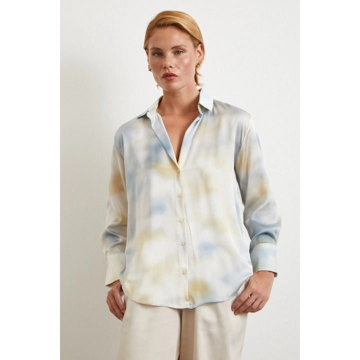 Ebruli Desen Saten GömleK Buz Mavisi