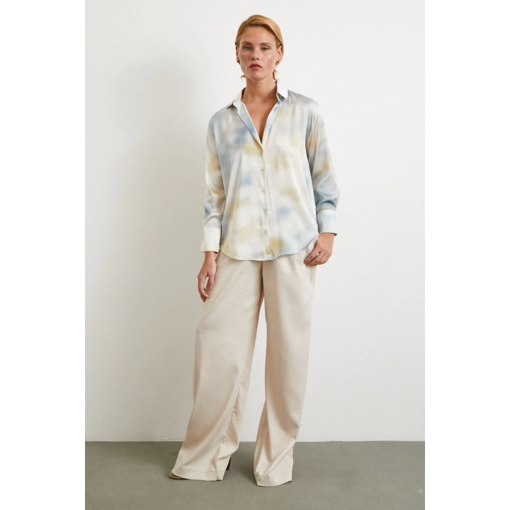 Ebruli Desen Saten GömleK Buz Mavisi