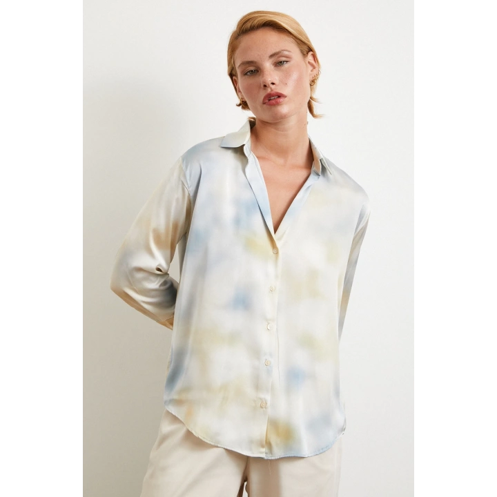 Ebruli Desen Saten GömleK Buz Mavisi