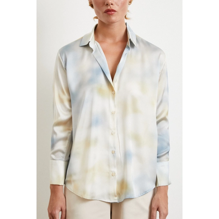 Ebruli Desen Saten GömleK Buz Mavisi