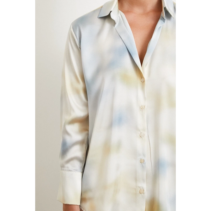 Ebruli Desen Saten GömleK Buz Mavisi