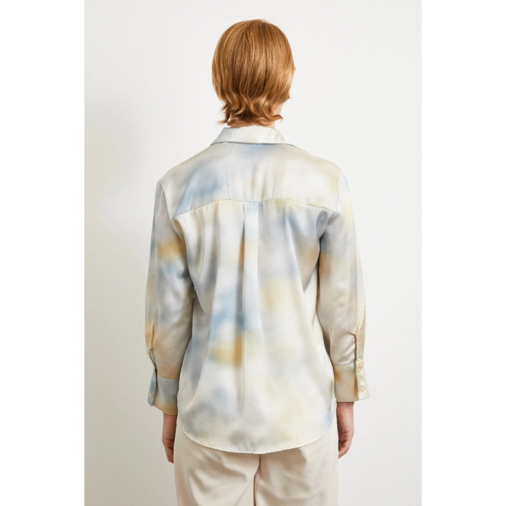 Ebruli Desen Saten GömleK Buz Mavisi