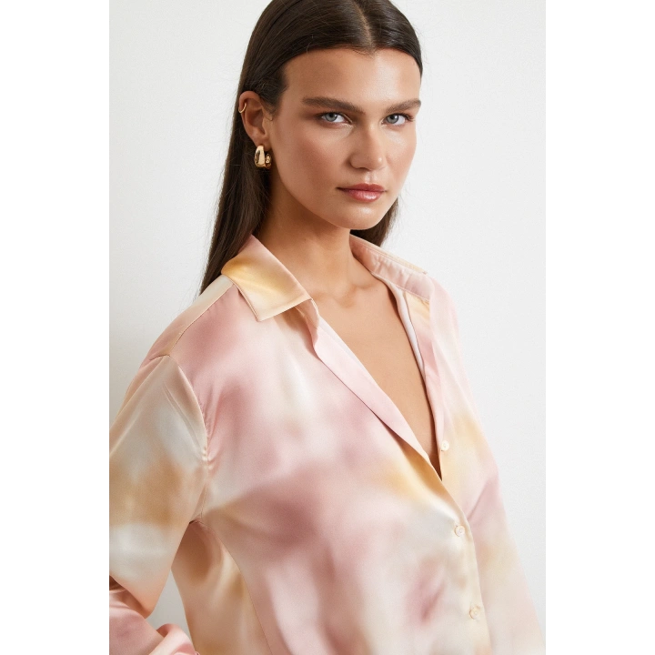 Ebruli Desen Saten GömleK Pembe