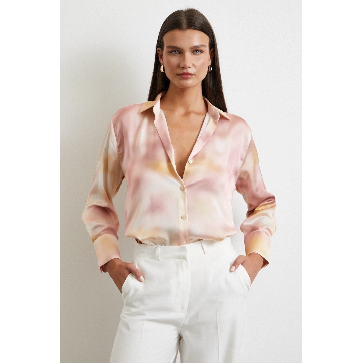 Ebruli Desen Saten GömleK Pembe