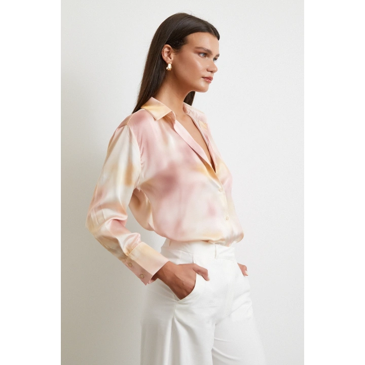 Ebruli Desen Saten GömleK Pembe