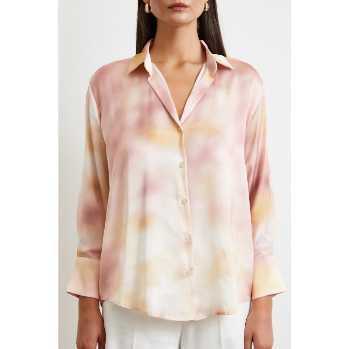 Ebruli Desen Saten GömleK Pembe