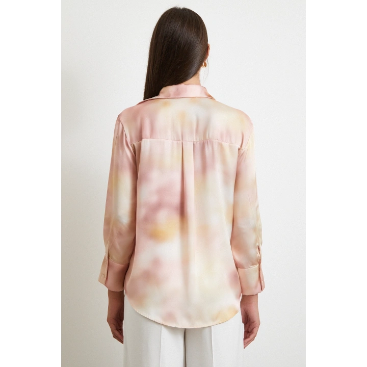 Ebruli Desen Saten GömleK Pembe