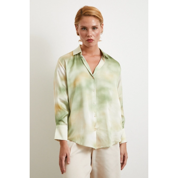 Ebruli Desen Saten GömleK Yeşil