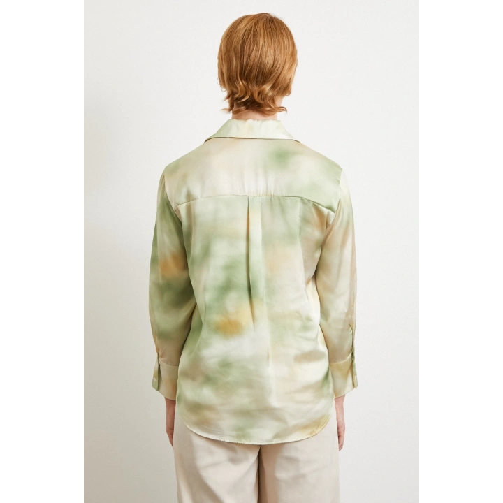 Ebruli Desen Saten GömleK Yeşil