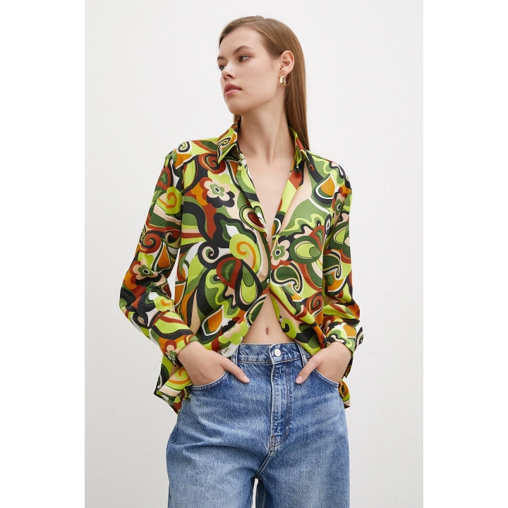 Ebruli Desenli Saten Gömlek Yeşil