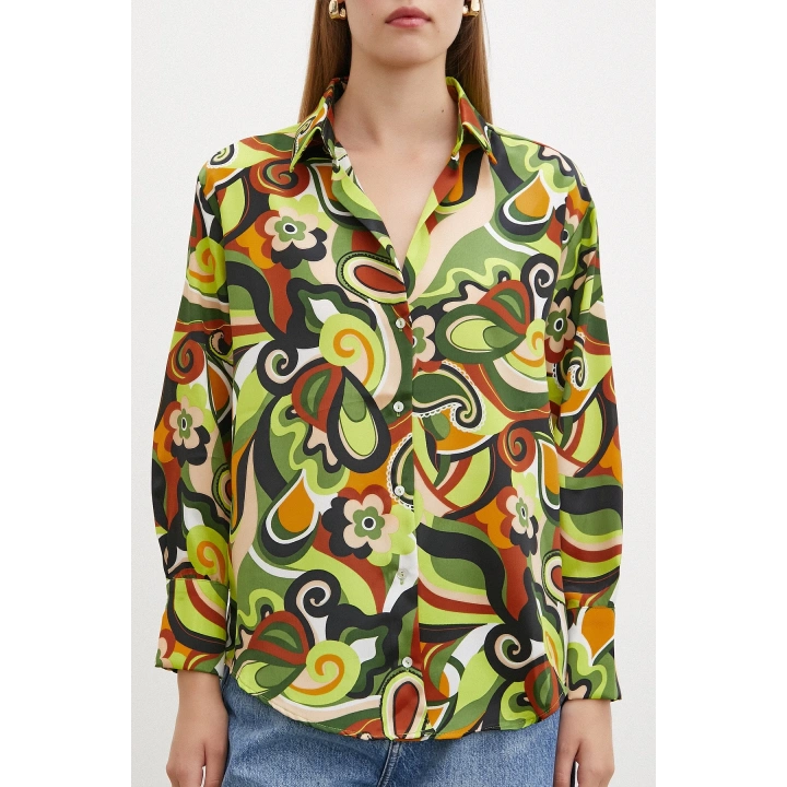 Ebruli Desenli Saten Gömlek Yeşil