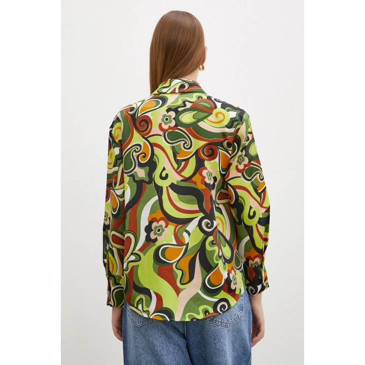 Ebruli Desenli Saten Gömlek Yeşil