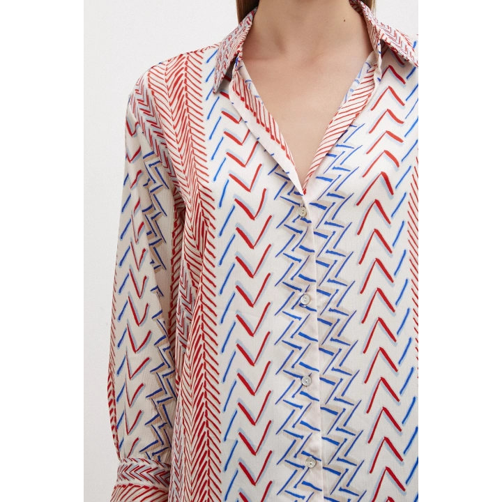 Etnik Çizim Desenli Gömlek Kırmızı