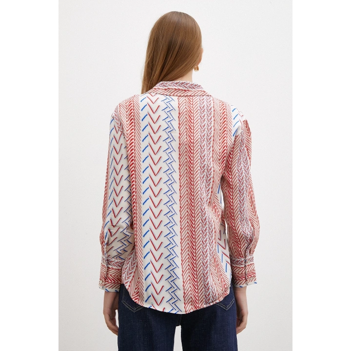 Etnik Çizim Desenli Gömlek Kırmızı