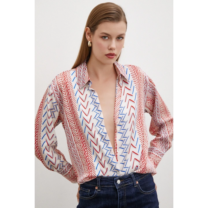 Etnik Çizim Desenli Gömlek Kırmızı