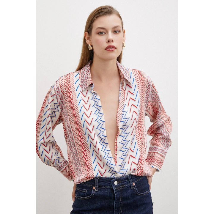 Etnik Çizim Desenli Gömlek Kırmızı