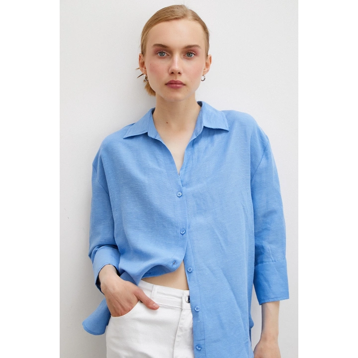 Fakir Kol Keten Gömlek Mavi