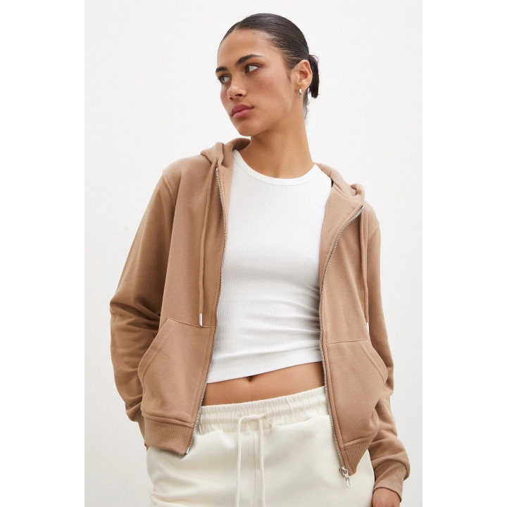 Fermuarlı Kapüşonlu Sweatshirt Kahve